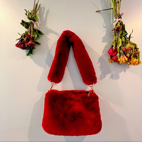 Nasty Gal Handbags - Shoulder arm handbag. Fuzzy material. Dark red. With gold accents.